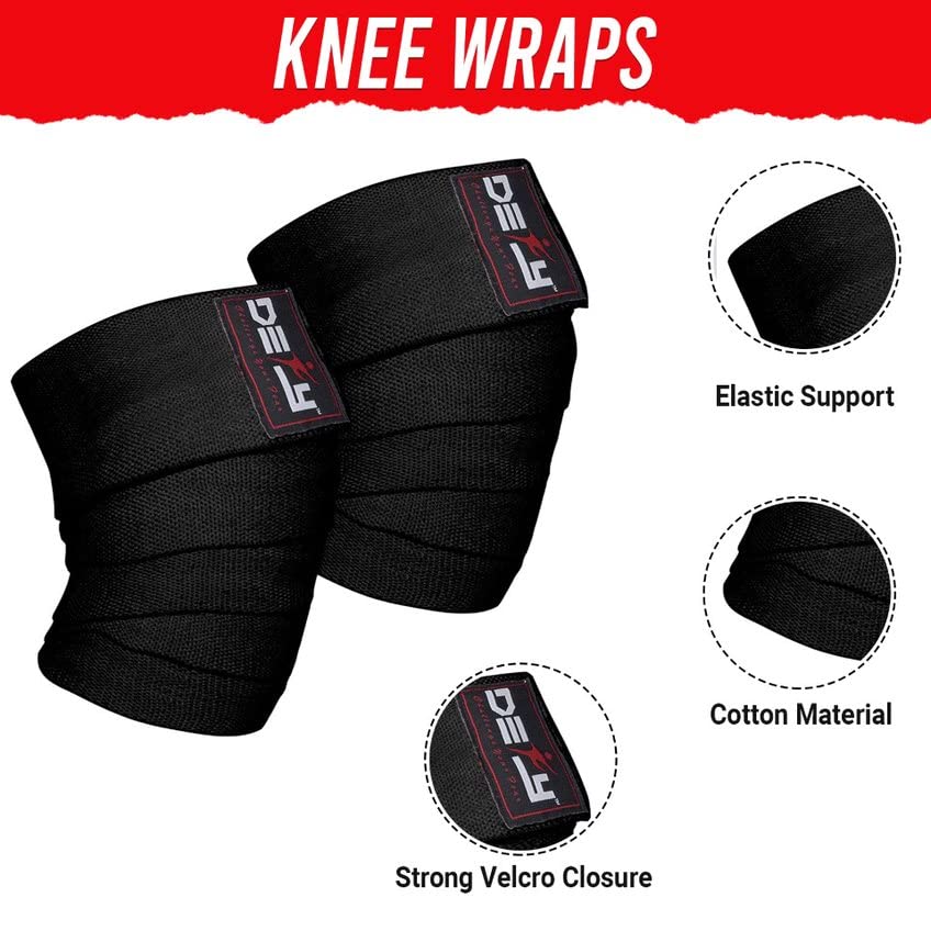 DEFY Sports' Knee Wraps for Weightlifting - Provides Knee Support for Powerlifting, Squats & Fitness Workouts - Ideal Knee Wrap for Men and Women (1 PAIR) (Black)