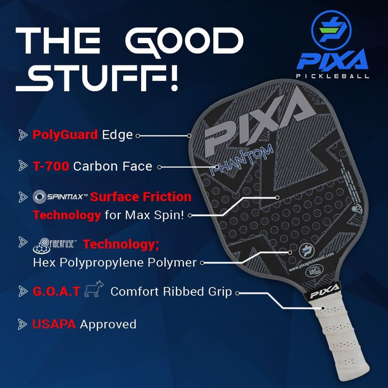 PIXA Phantom T-700 RAW Carbon FACE Pickleball Paddle; 20mm; Intermediate/Advanced; MAX Power, Control, and Spin; 5.12 INCH Handle; Great Gift!