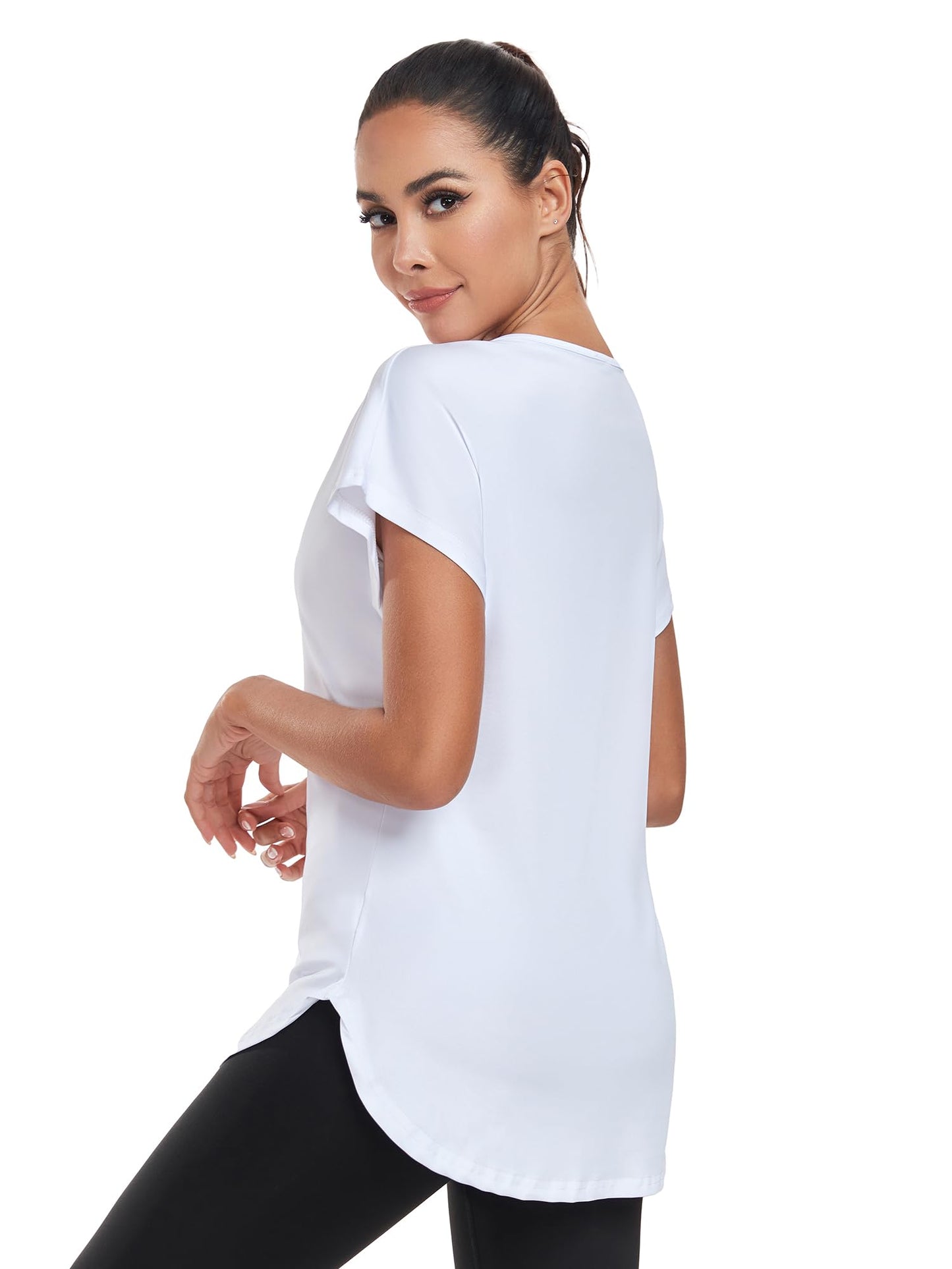 Absttith Tunic Workout Tops Women's Short Sleeve Sportt Shirts V Neck Exercise Yoga Tee Curved Hem White X-Large