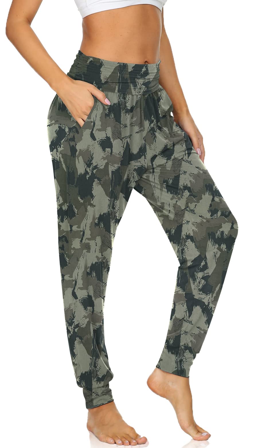 UEU Women's High Waist Casual Yoga Joggers Pants Baggy Fitting Sweats Workout Lounge Fitness Exercise Pants with Pockets(Camouflage, L)