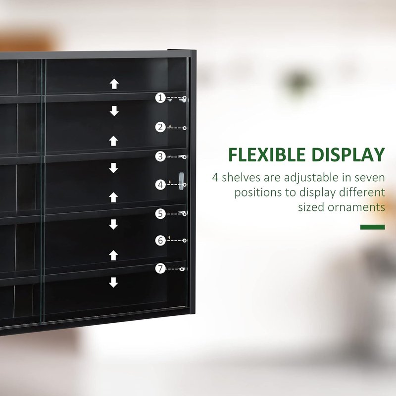 5-Tier Display Cabinet - Glass Door Design with Adjustable Shelves | Wall-Mounted for Playroom or Bedroom - Black