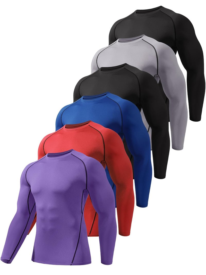 Celfaeree 6 Packs Long Sleeve Compression Shirt Men,Sports Baselayer Workout Shirt,Athletic Tops Running Shirts for Men Bl/Gray/Bl/D Blue/Red/Purple XL
