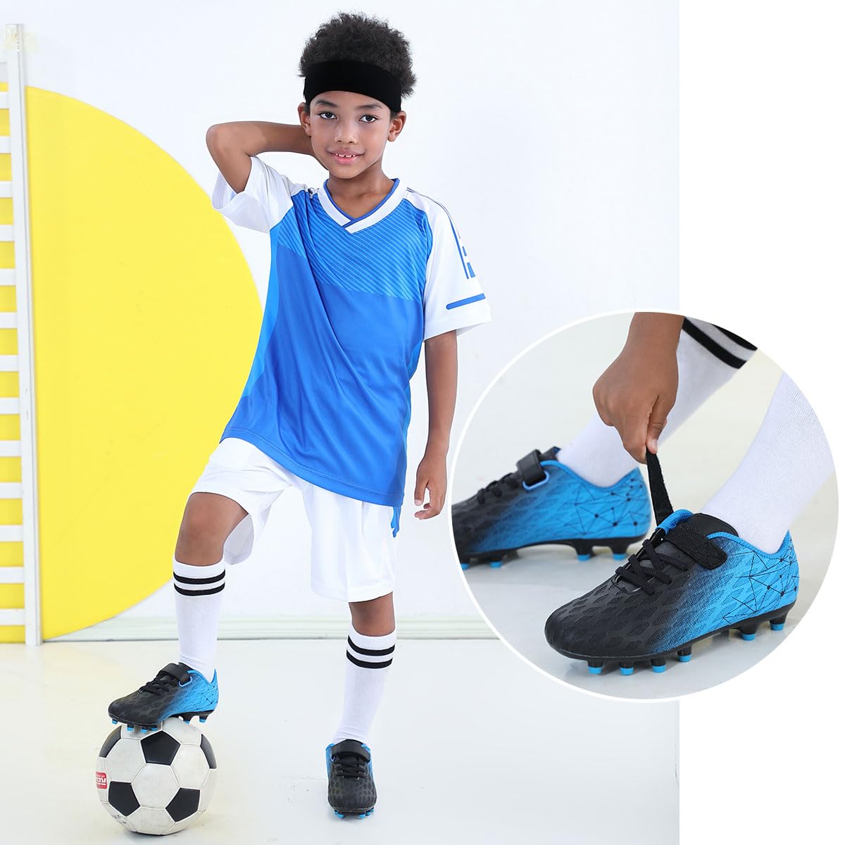 brooman Kids Firm Ground Soccer Cleats Boys Girls Athletic Outdoor Football Shoes(3.5,Black Blue)