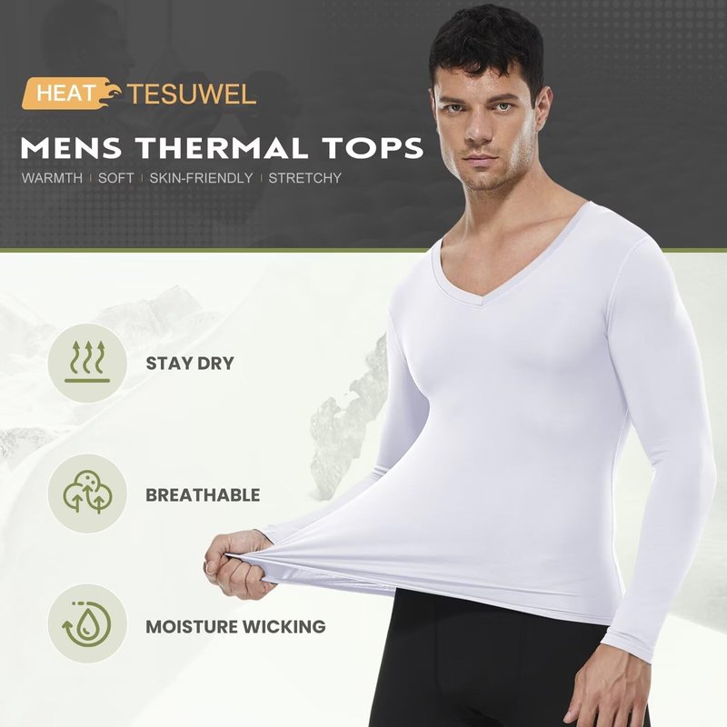 Tesuwel Thermal Shirts for Men Cold Weather Warm Men's Compression Shirts for Running Ski Base Layer Mens Fleece Lined Athletic Underwear Tops for Sports Hiking,High Wicking 511 White L