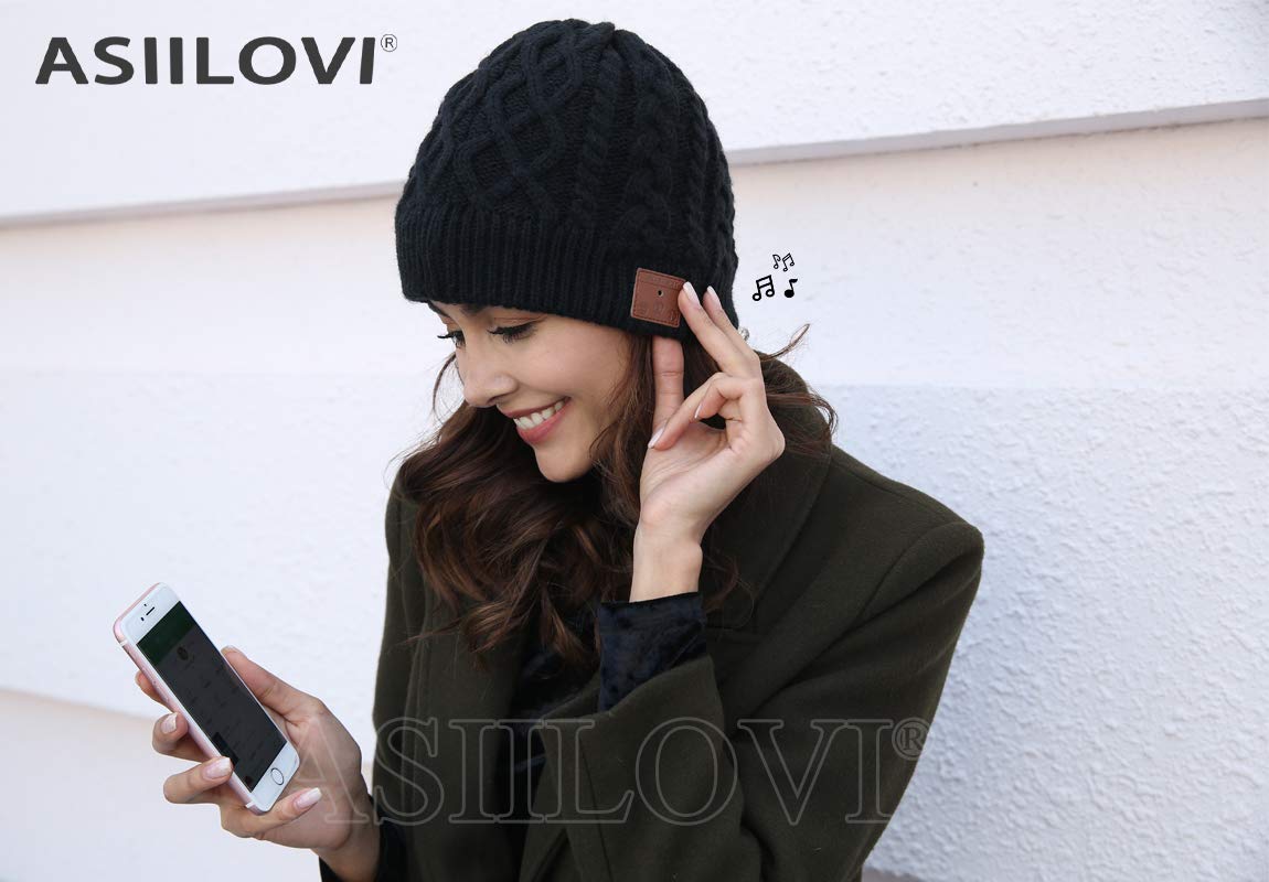 ASIILOVI Bluetooth Beanie, Double-Layer Wool Lining Bluetooth Hat Beanie for Men/Women/Teens/Family, 20hrs Playing, Gift Packaging for Christmas Stocking Stuffers Thanksgiving (02-Black)