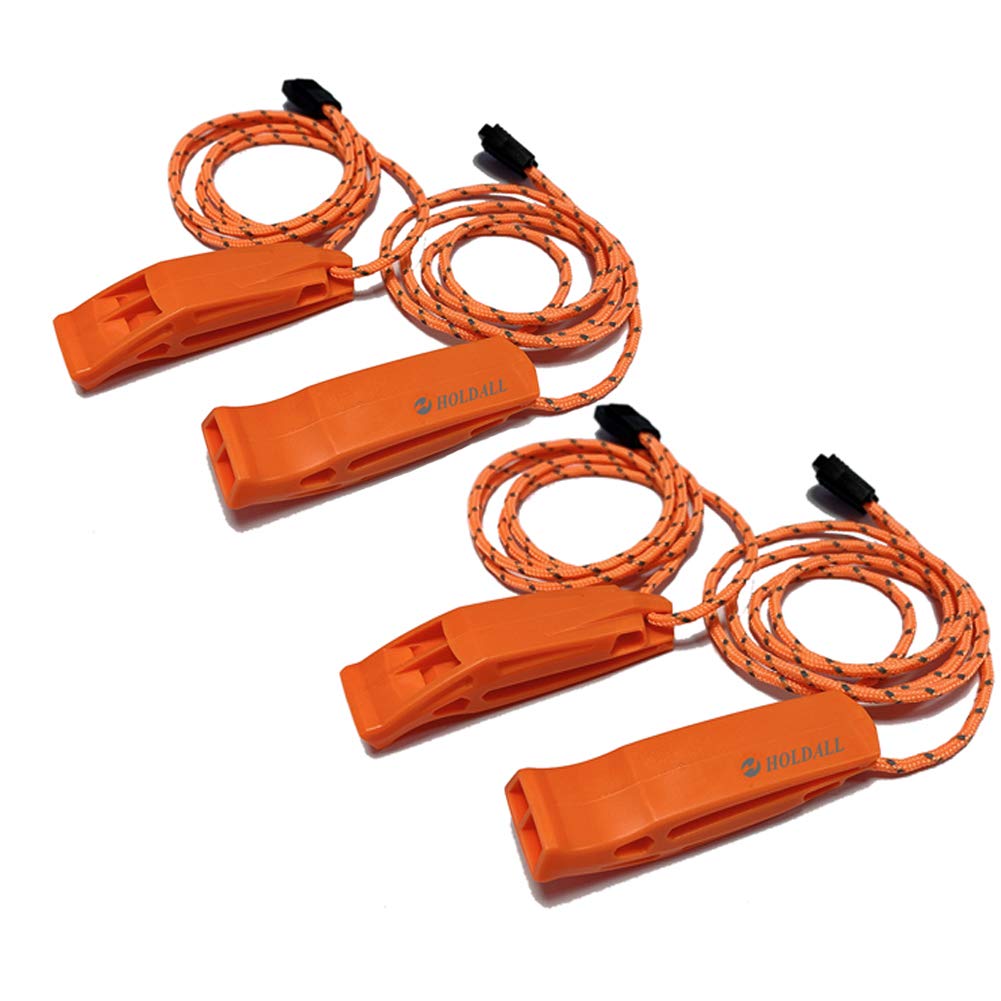 HOLDALL Emergency Safety Whistle with Lanyard, Loud Pea-Less Whistles for Boating Kayaking Life Vest Survival Rescue Signaling. (Orange-4 Pack)