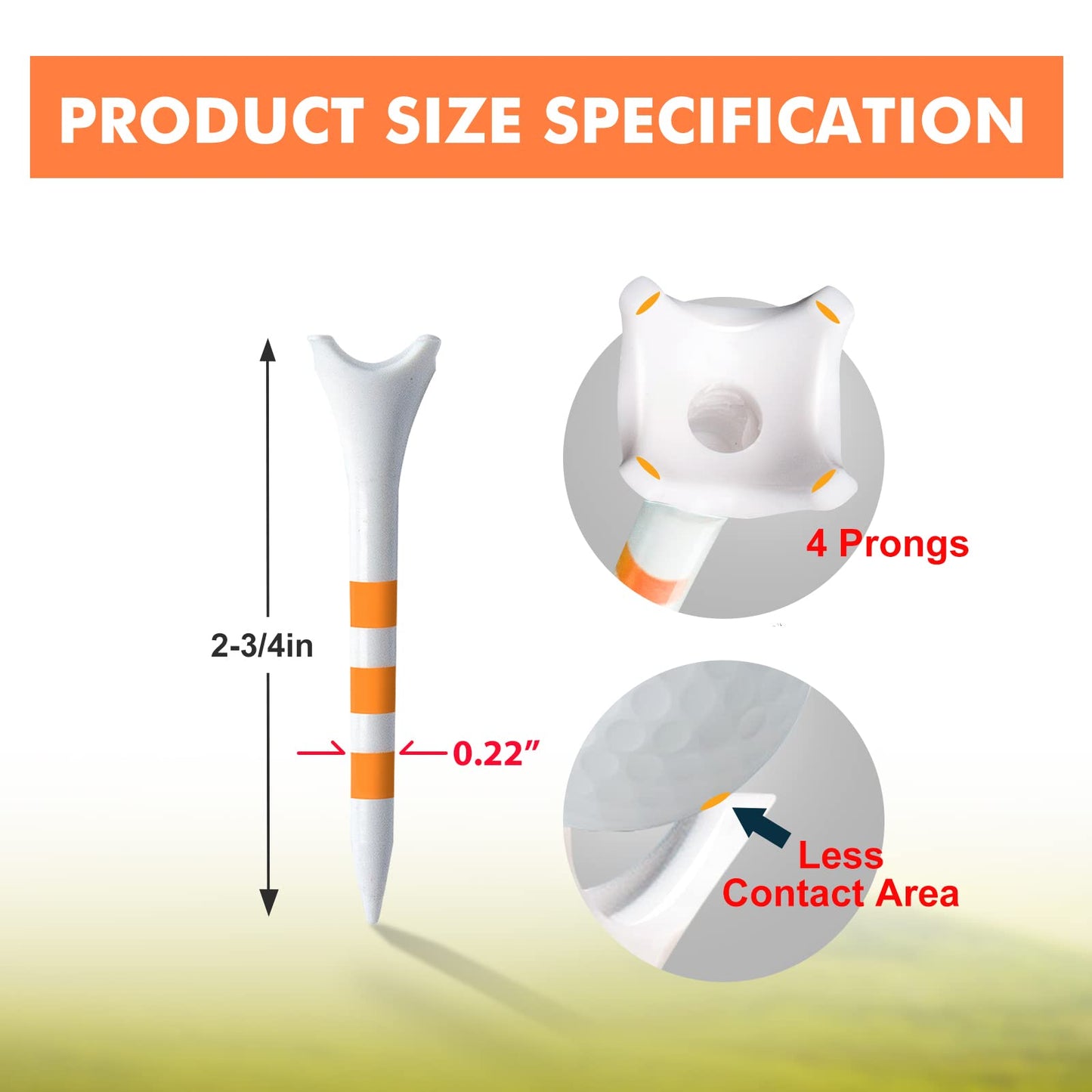Full Choice 100 Pack Plastic Golf Tees 2-3/4" - Low Resistance Design to Reduce Friction & Boost Distance, White with Orange Stripes