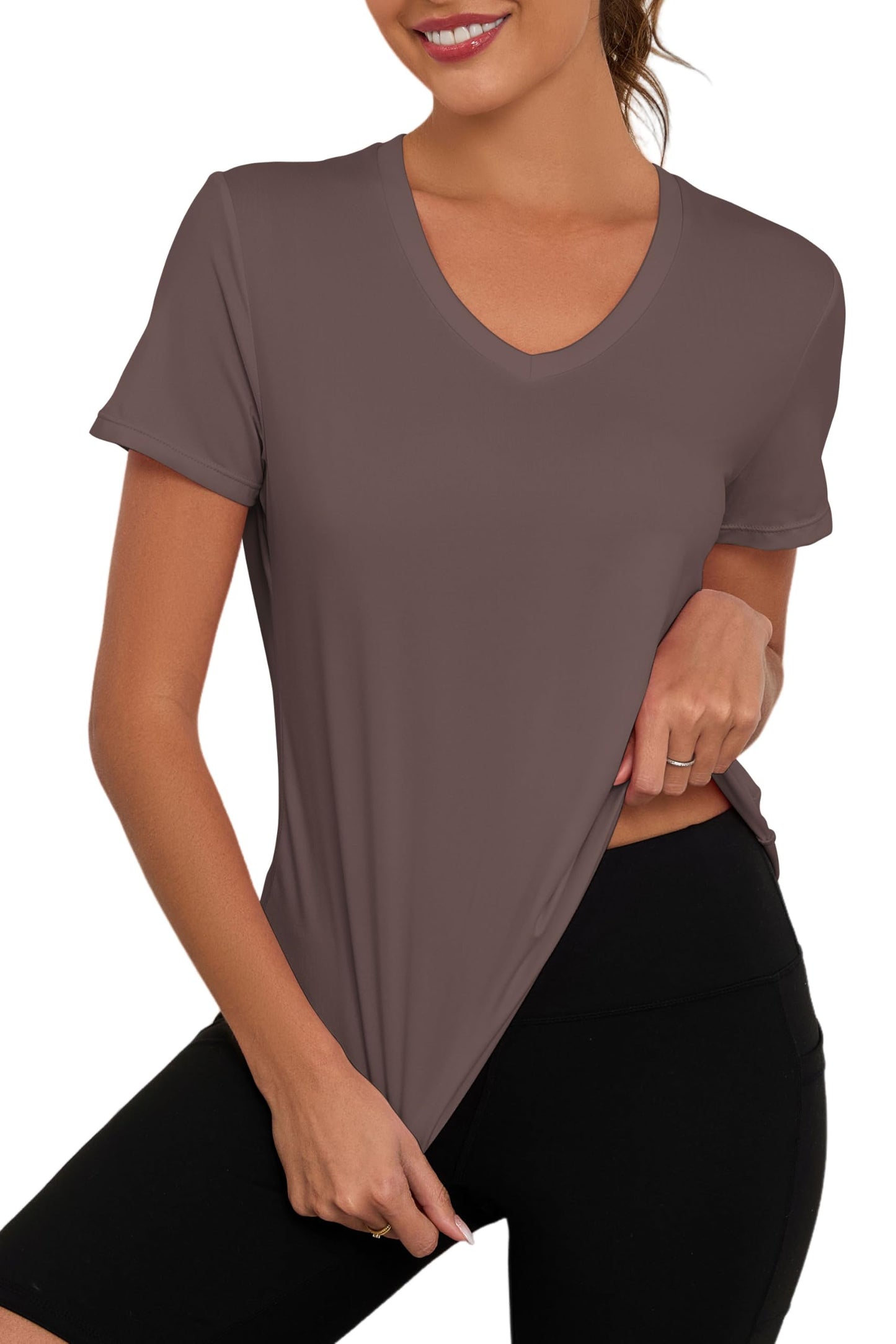 KevaMolly Dark Brown Workout Tops for Women V Neck UPF50+ Breathable Loose Fit Yoga T Shirts Short Sleeve Running Gym Athletic Tee Top L