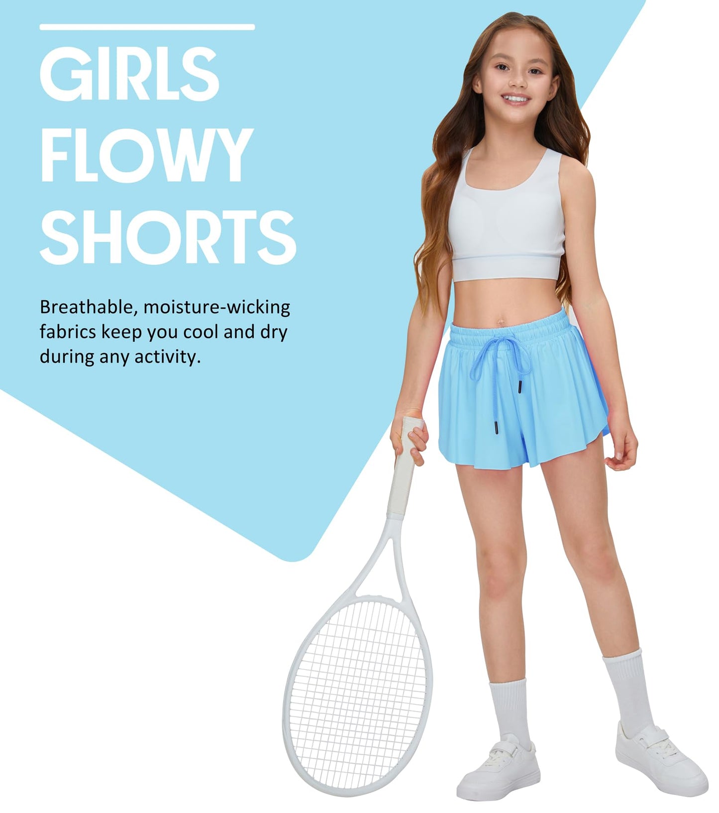 Kids Girls Athletic Flowy Shorts for Running Sports Fitness Active Workout Youth Butterfly Elastic Waist Skirts Shorts (Light Blue, M)