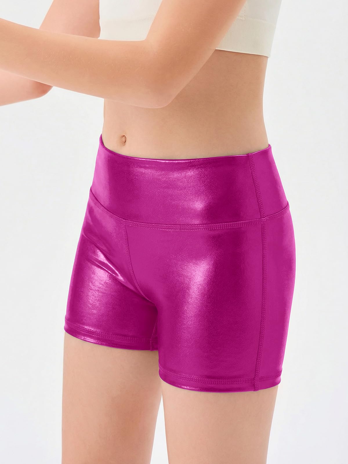 Haloumoning Girls Metallic Athletic Shorts Kids High Waisted Yoga Dance Biker Shorts Comfy Gymnastics Shorts 5-14Y