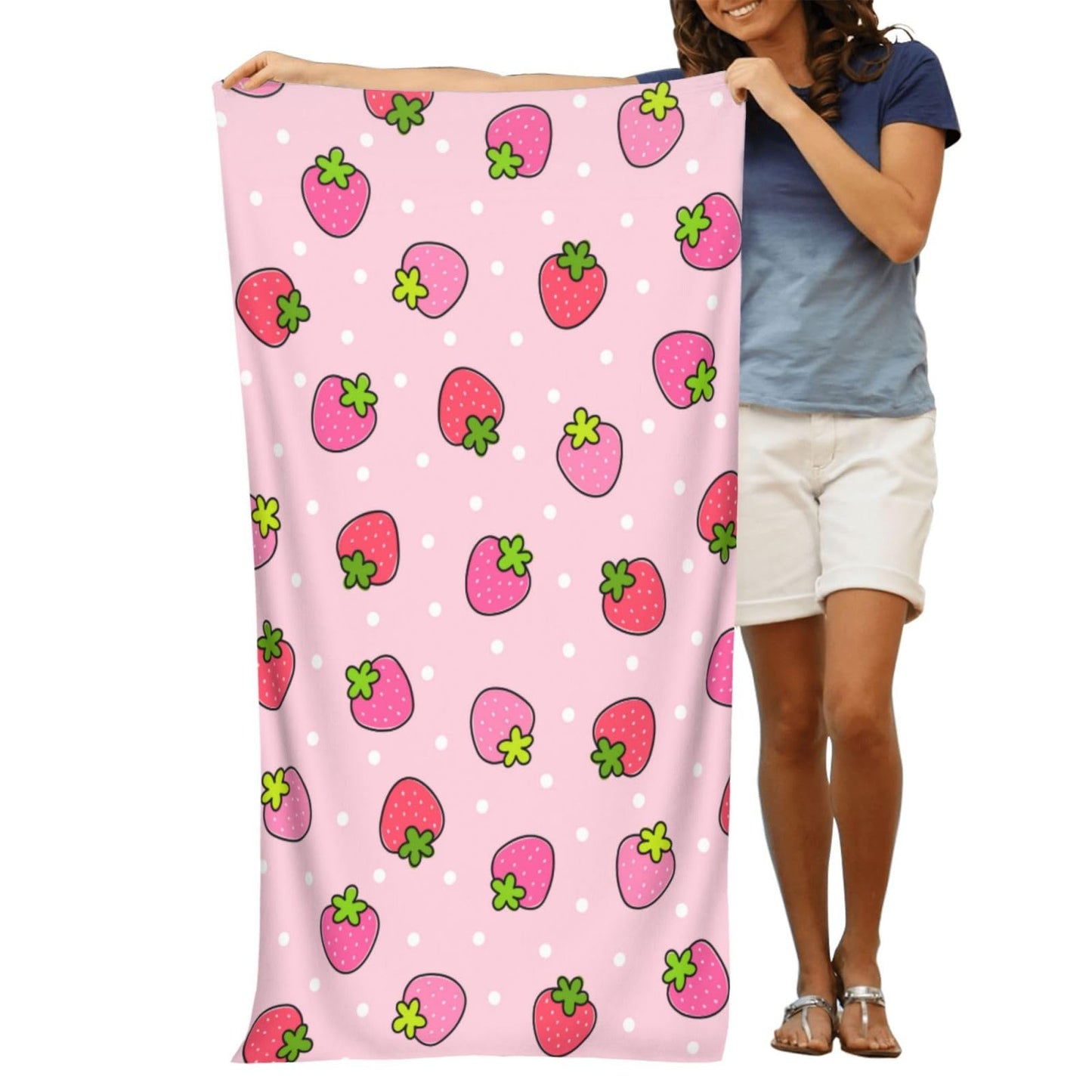 VOOHDDY Cute Pink Strawberry Dot Girly Beach Towel Soft Absorbent Microfiber Quick Dry Large Bath Towels for Bathroom Women Men Girls Pool Camping Travel Swimming Picnic Sports