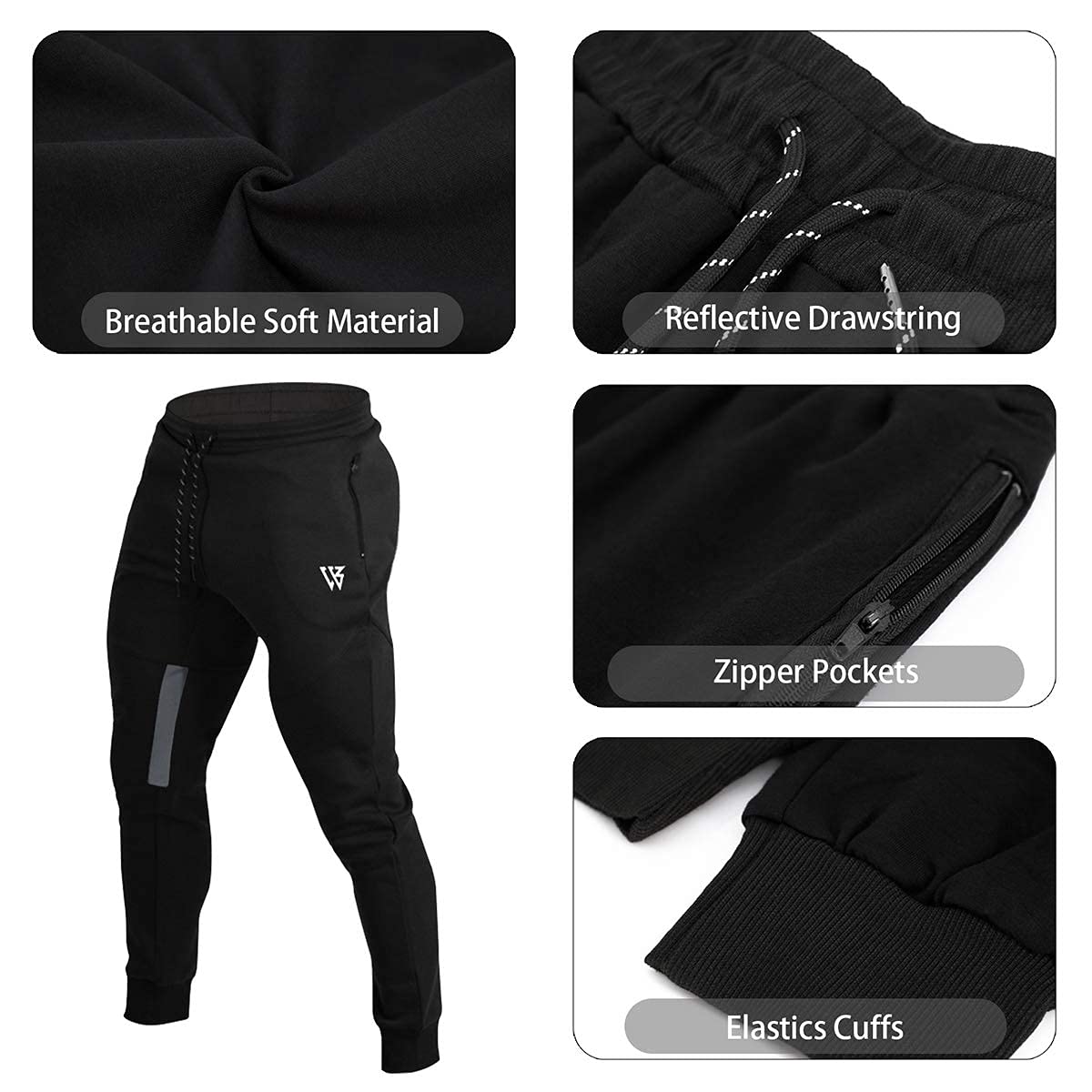 ZENWILL Mens Tapered Workout Running Pants,Gym Jogger Training Sweatpants Slim Fit with Zip Pockets (X-Large, Black)