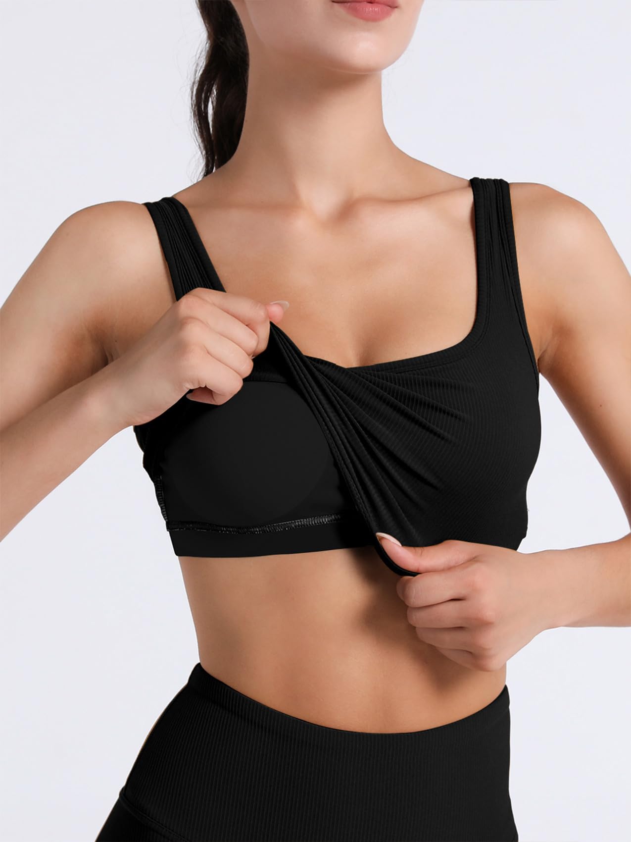 FelFory Longline Sports Bra Tank Top Bra Top for Women Seamless Sports Bra Ribbed Workout Tops Padded Crop Top Fitness Yoga Tank Black Medium