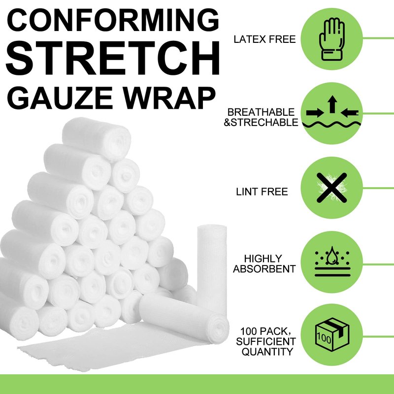 Treela 100 Rolls Gauze Bandage, 4 in x 5 Yards, Elastic Bandages Individual Packaging Non Latex First Aid Pads Breathable Gauze Roll Wrap for Safety Wound Caring and Supplies