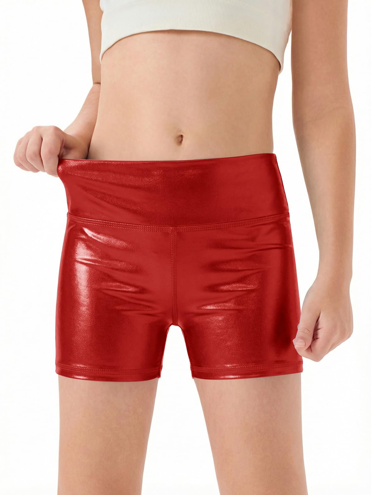 Haloumoning Girls Metallic Athletic Shorts Kids High Waisted Yoga Dance Biker Shorts Comfy Gymnastics Shorts 5-14Y