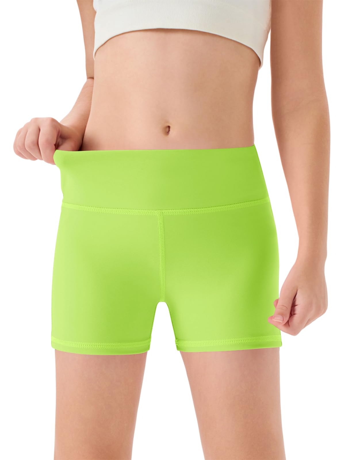 Haloumoning Girls Athletic Shorts Kids High Waisted Yoga Dance Biker Shorts Comfy Gymnastics Shorts 5-14Y Neon Green