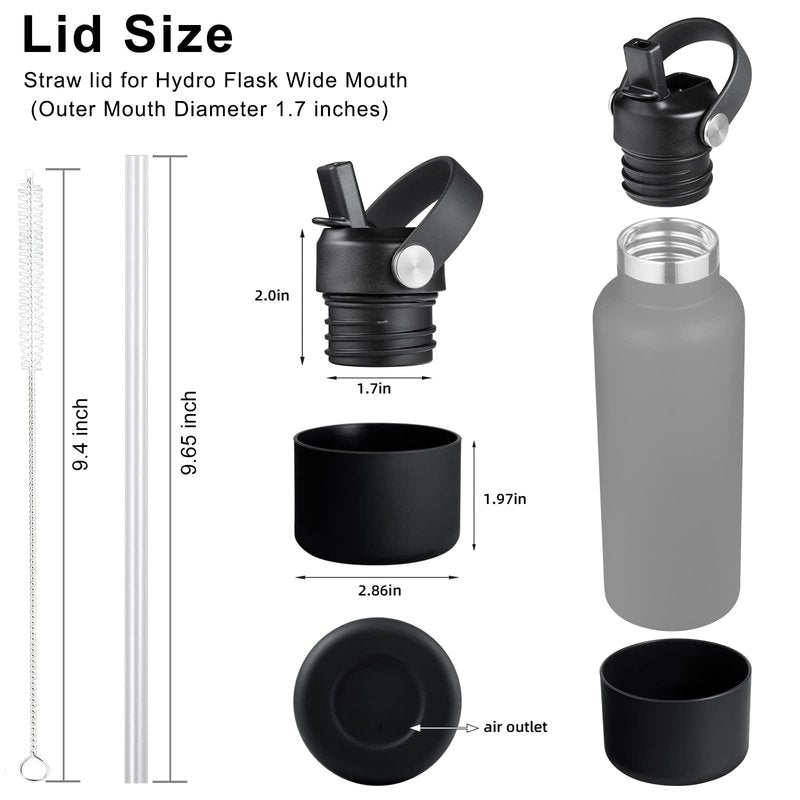 KMN Straw Lid for Hydro Flask Standard Mouth – BPA Free Leak Proof Sport Cap with 2 Straws & Cleaner – Fits 18 21 24 oz & Compatible with Simple Modern Klean Kanteen (Dark)