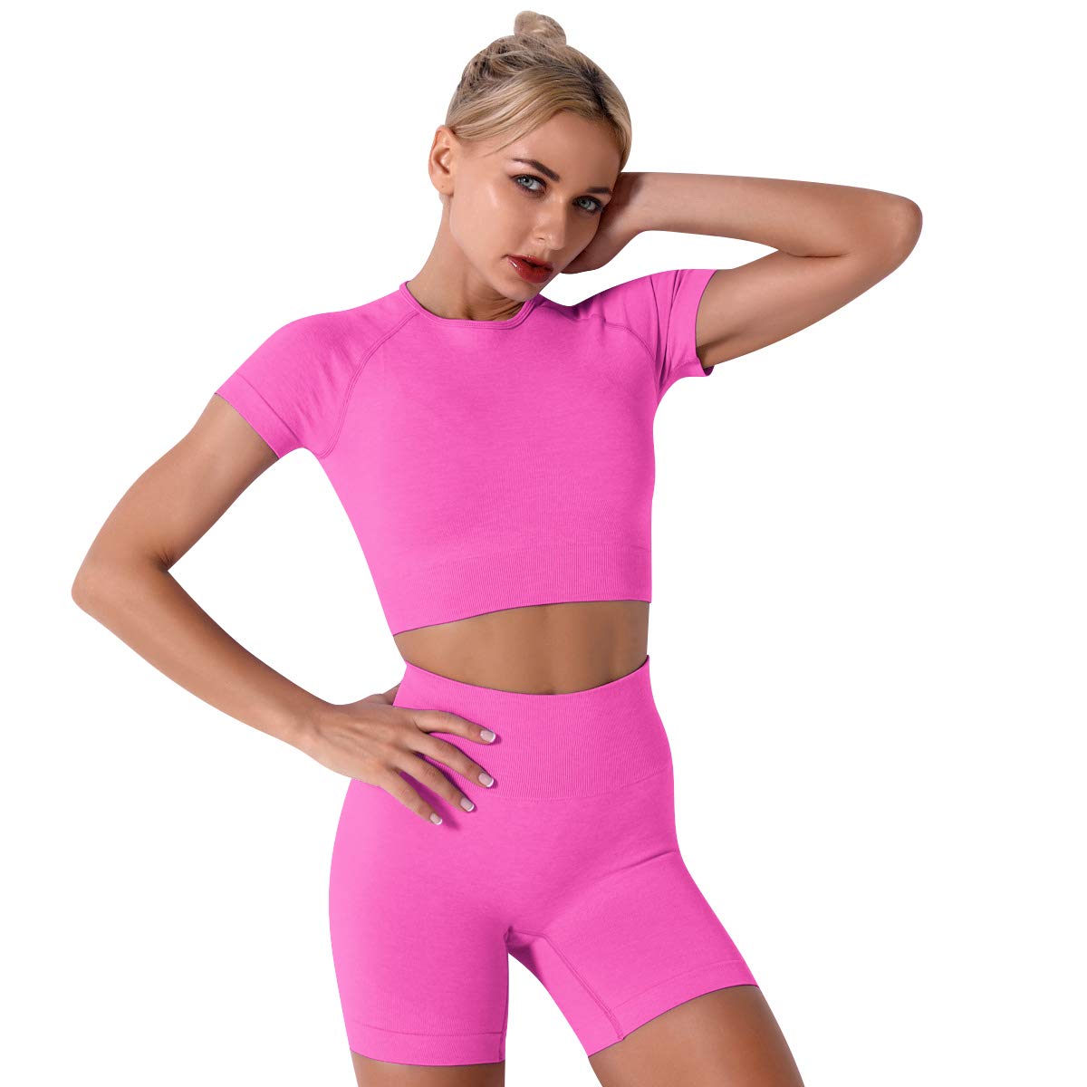 IMEKIS Women's Seamless Yoga Outfits Two Pieces Workout Short Sleeve Crop Top Sports Bra + High Waisted Running Shorts Sets Biker Activewear Athletic Fitness Gym Sexy Active Tracksuit Hot Pink Medium