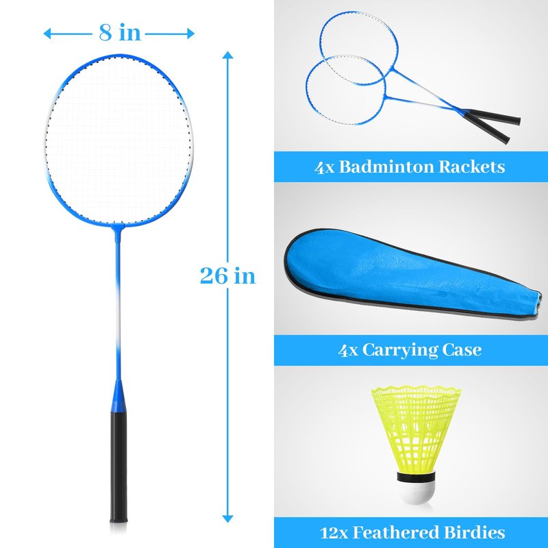 Woanger 8 Pack Badminton Rackets Set Including Badminton Racquets, Nylon Shuttlecocks and Carry Bag for Outdoor Backyard Games Beginners(Red & Blue)