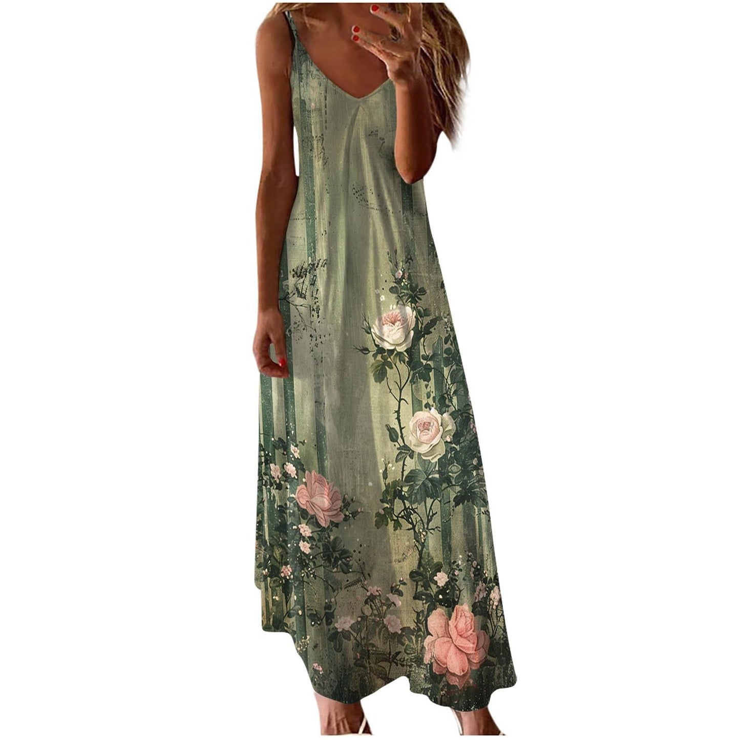 Gcvizuso Deals of The Day Women Summer Sleeveless Dresses Vacation Printed Beach Dress Casual Vintage V-Neck Dress Long Flowy Boho Dress Lighten Deals of The Day