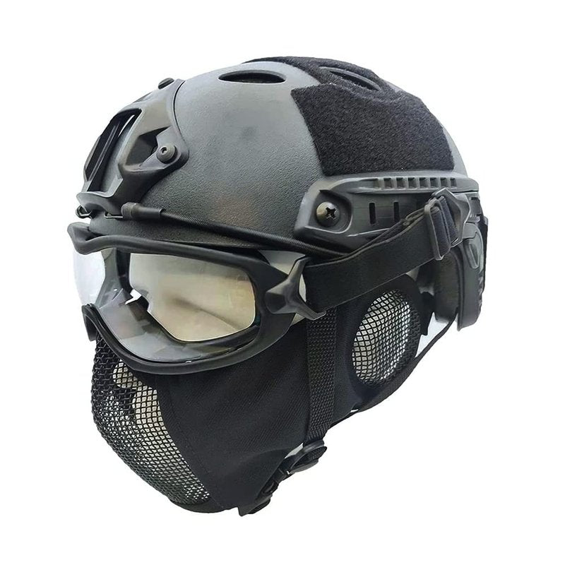 PJ Type Tactical Airsoft Fast Helmet and Foldable Half Face Mesh Guard with Ear Protection Adjustable Chin Strap Full Face Protection Set for Paintball BB Gun