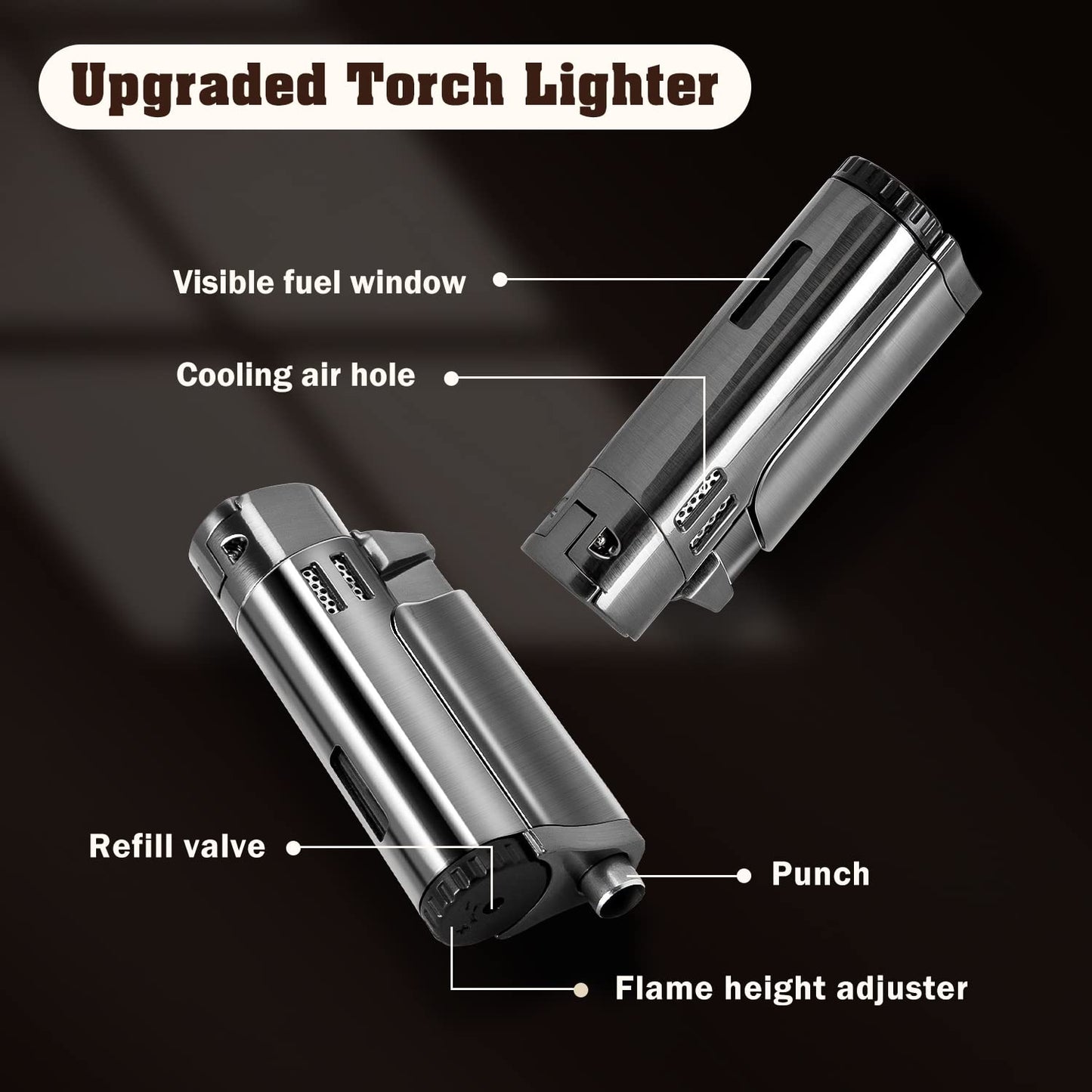 LcFun Torch Lighter Fuel Refillable Lighters 4 Jet Lighter with Punch Quad Flame Torch Cigar Lighter Gas Butane Lighters-Butane NOT Included (Black)