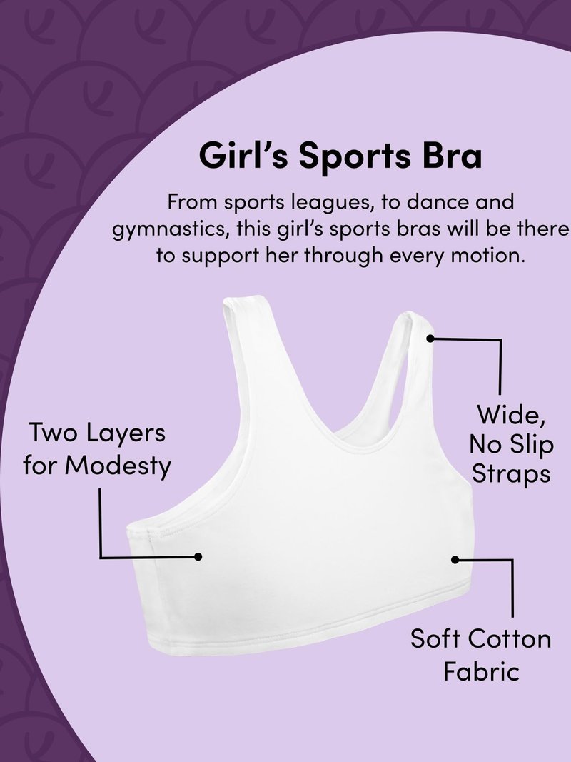 Fruit of the Loom Girls' 6-Pack Cotton Built-Up Stretch Sports Bra, Dancing Rosebud/Rose/Hyacinth/Grey/Nude/Blue, 30