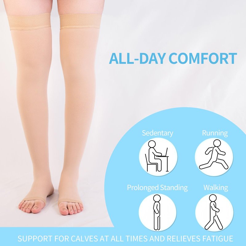 Sheer Compression Socks for Women and Men, 23-32mmHg , Open Toe, Thigh High Length Compression Stockings for Varicose Veins, DVT, Edema, Running, Nursing (M)