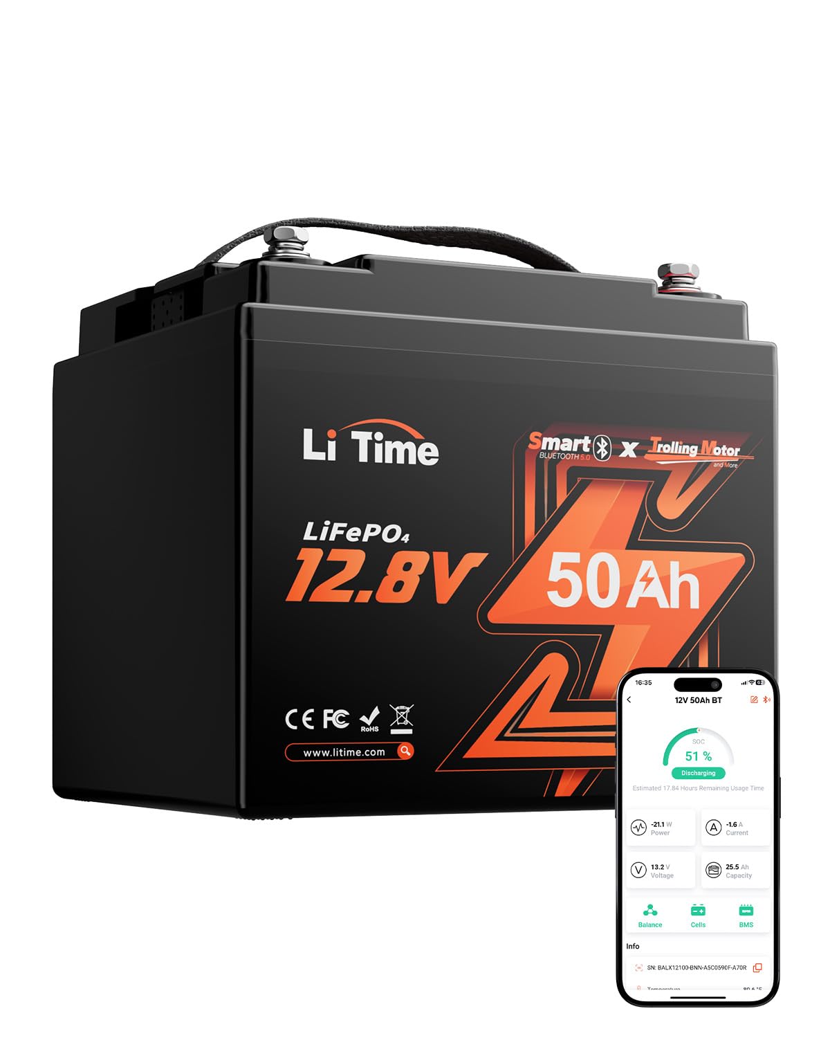 LiTime 12V 50Ah LiFePO4 Lithium Trolling Motors Battery Bluetooth, 4000+ Deep Cycle Marine Battery with Low-Temp Protection, EV-Grade Cells & Smart 50A BMS, Perfect for RV, Boat, Fishing Finder