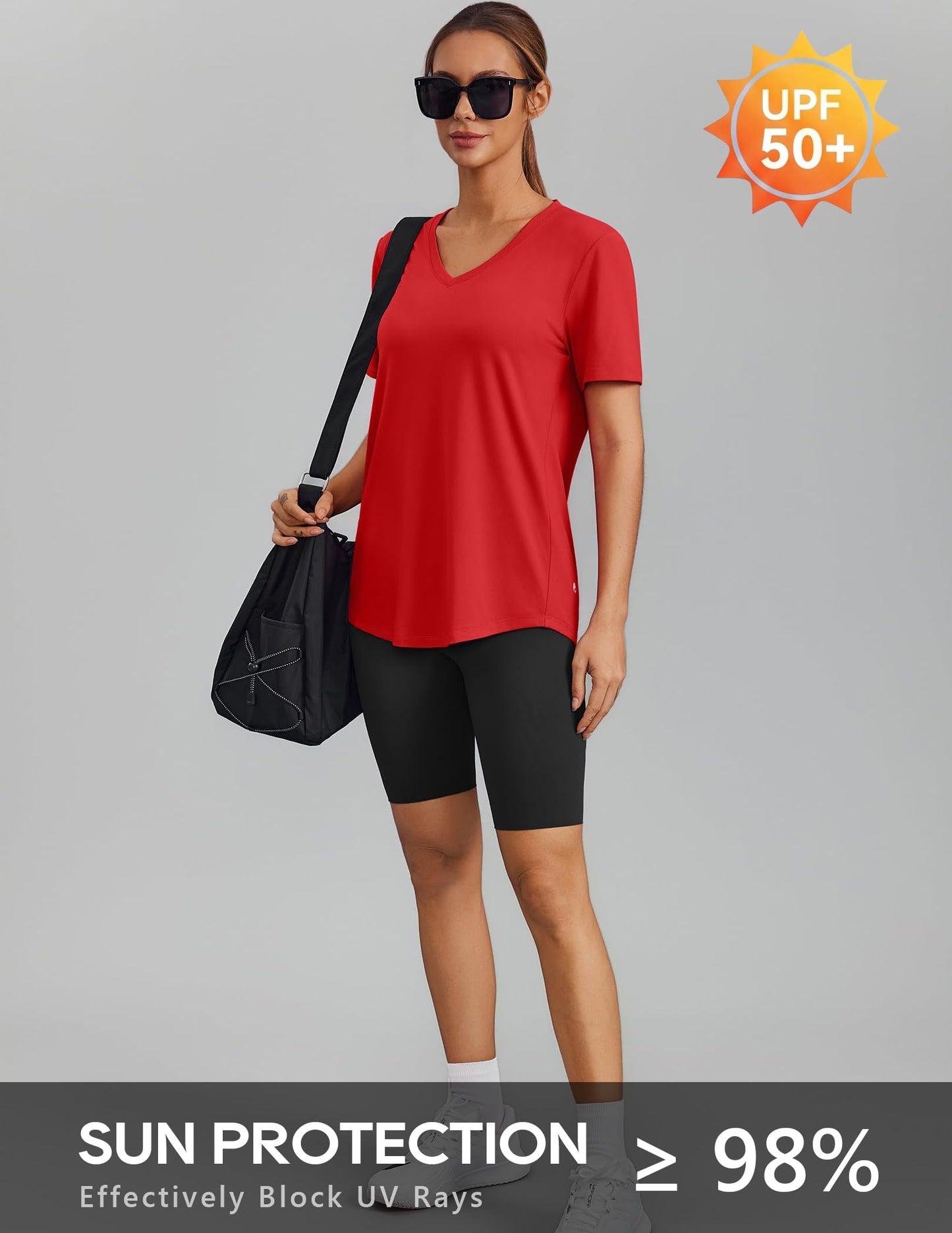 PINSPARK Gym Shirts for Women Short Sleeve V Neck Workout Tops Moisture Wicking Athletic T-Shirts Quick Dry Fitness Exercise,Red XX-Large