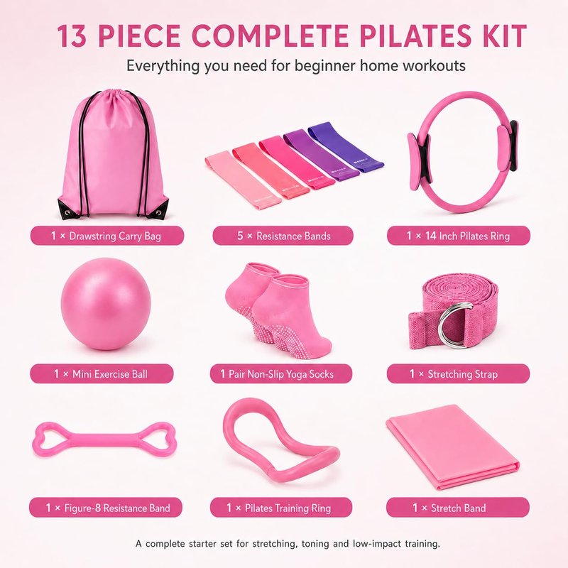 Kmjuix Pilates Kit for Women, 13 Piece Home Workout Starter Set with 14 Inch Ring, Mini Ball, 5 Resistance Bands, Yoga Socks, Stretch Strap and Carry Bag for Core Strength, Toning, Flexibility