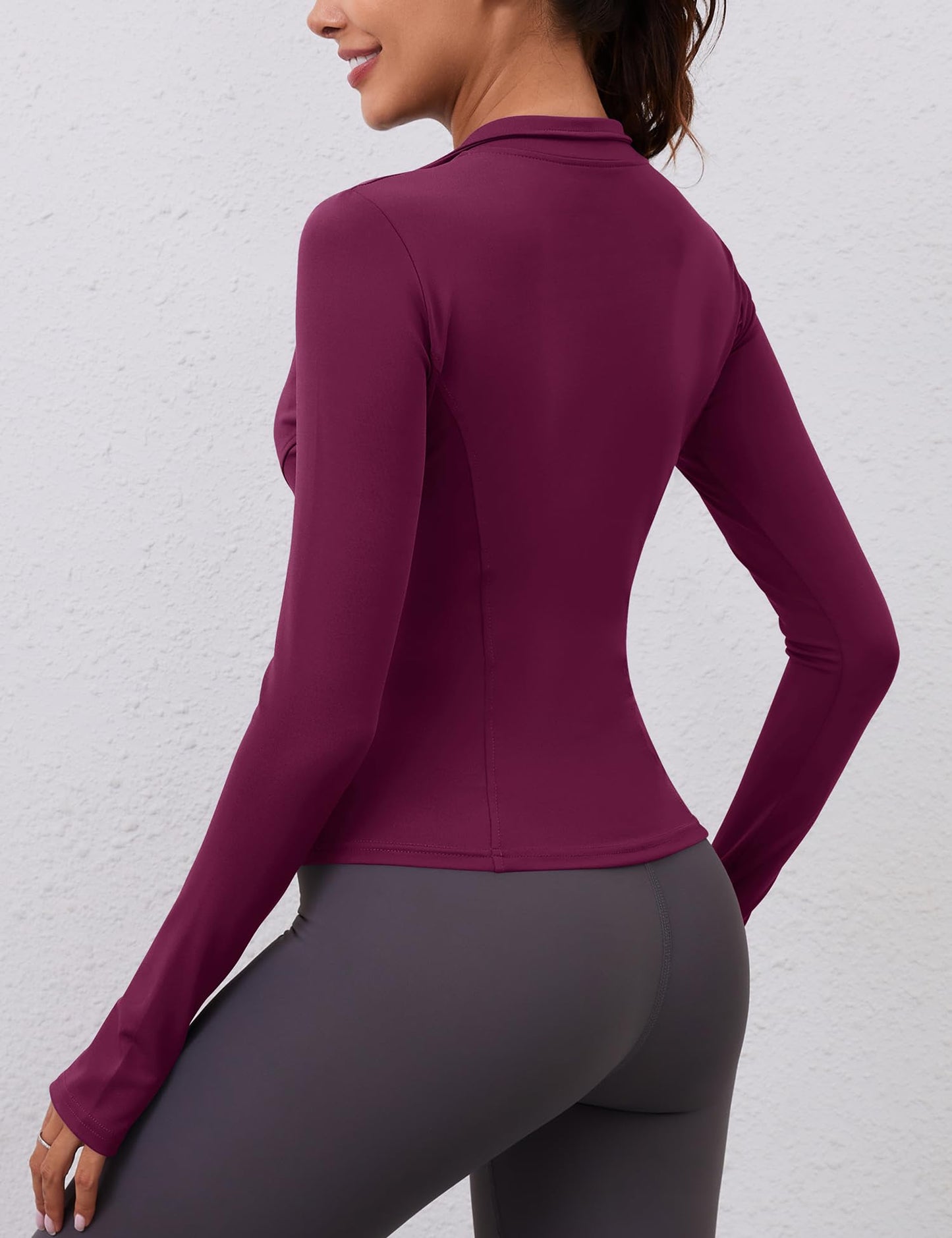 LOMON Long Sleeve Fall Workout Tops Womens Crop Quarter Half Zip Pullover Athletic Yoga Shirts Running Wear(Wine,Medium)