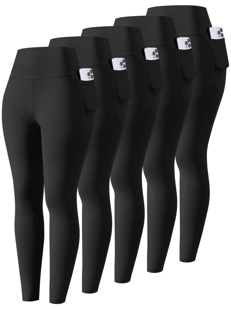 Celfaeree 5 Packs Girls Athletic Leggings Kids Yoga Pants with Pockets High Waist Leggings Yoga Dance Workout Running 5Black L