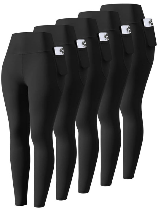 Celfaeree 5 Packs Girls Athletic Leggings Kids Yoga Pants with Pockets High Waist Leggings Yoga Dance Workout Running 5Black L
