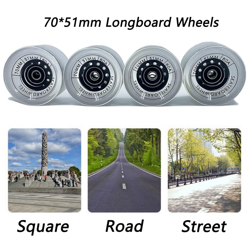 LOOEEL 70mm Longboard Wheels 80A Contains ABEC-9 Bearings and Spacers,Skateboard Riser Pads,Skateboard Hardware Screws Bolts,fit for Your Longboard Skateboards.-Transparent Frosted