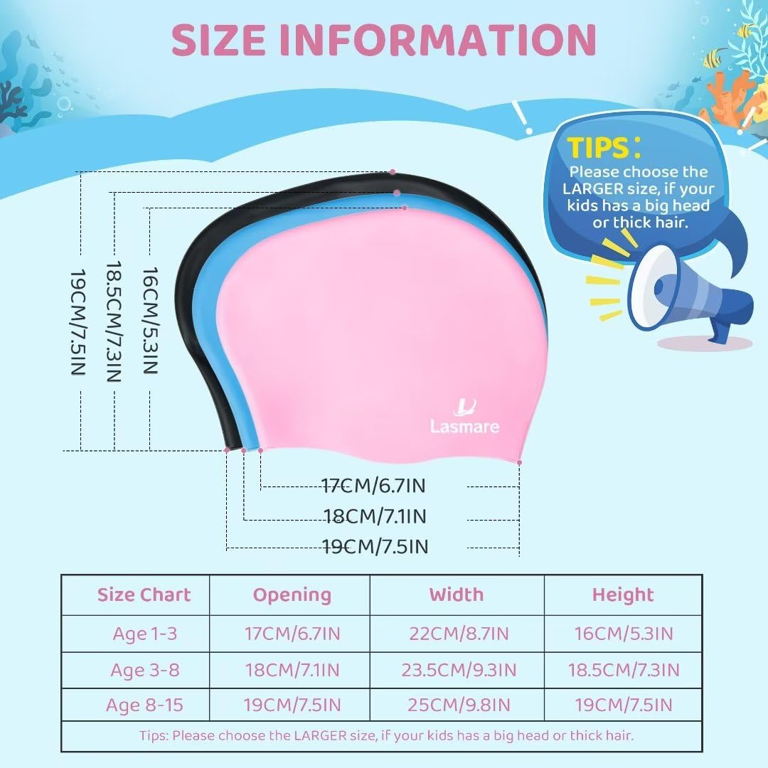 Kids Long Hair Swim Cap for Girls Boys, 3 Size Silicone Swimming Cap for Age 1-15 Toddler Children Teens, Waterproof Swim Hats Bathing Caps with Ear Plugs & Nose Clip to Keep Hair Dry(Age 3-8/Pink)