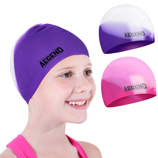 Aegend Kids Swim Cap (Age 4-8), 2 Pack, Purple & Pink