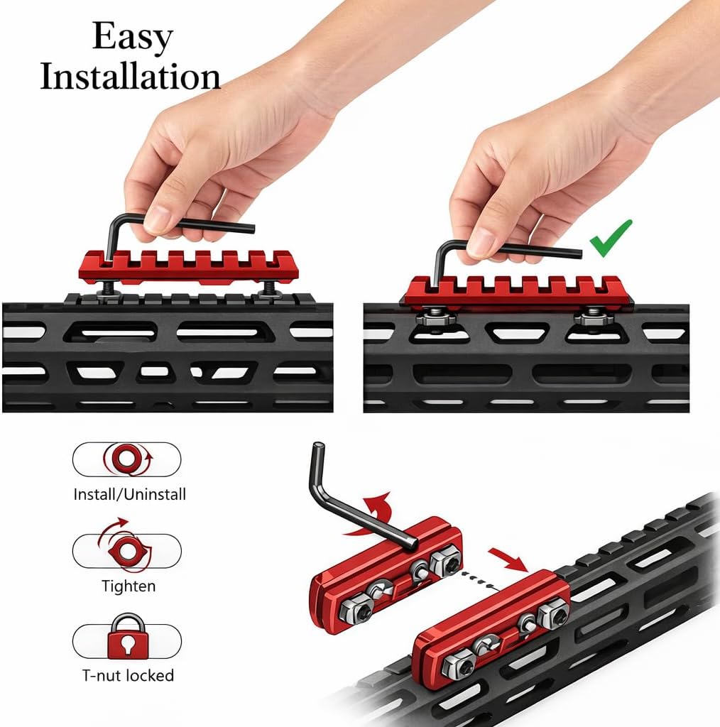 GOTICAL M-LOK 5 Slots Picatinny Rail Section - CNC Machined Aluminum, Anodized Red | 2 Pack with Screws & Nuts