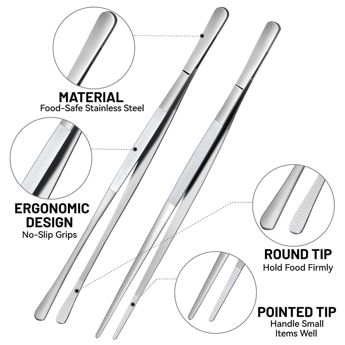 Kitchen Tweezers Stainless Steel Fine Kitchen Tongs for Cooking, Extra-Long Kitchen Tweezers Food Tongs, Set of 2-12inch