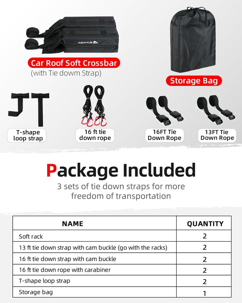 Abahub Soft Roof Rack Pads with 2 Tie Down Straps, 2 Tie Down Ropes, 2 Hood Loops and Storage Bag, for Surfboard, Kayak, Canoe, Heavy Duty Universal Car Roof Racks System Black 32 inch