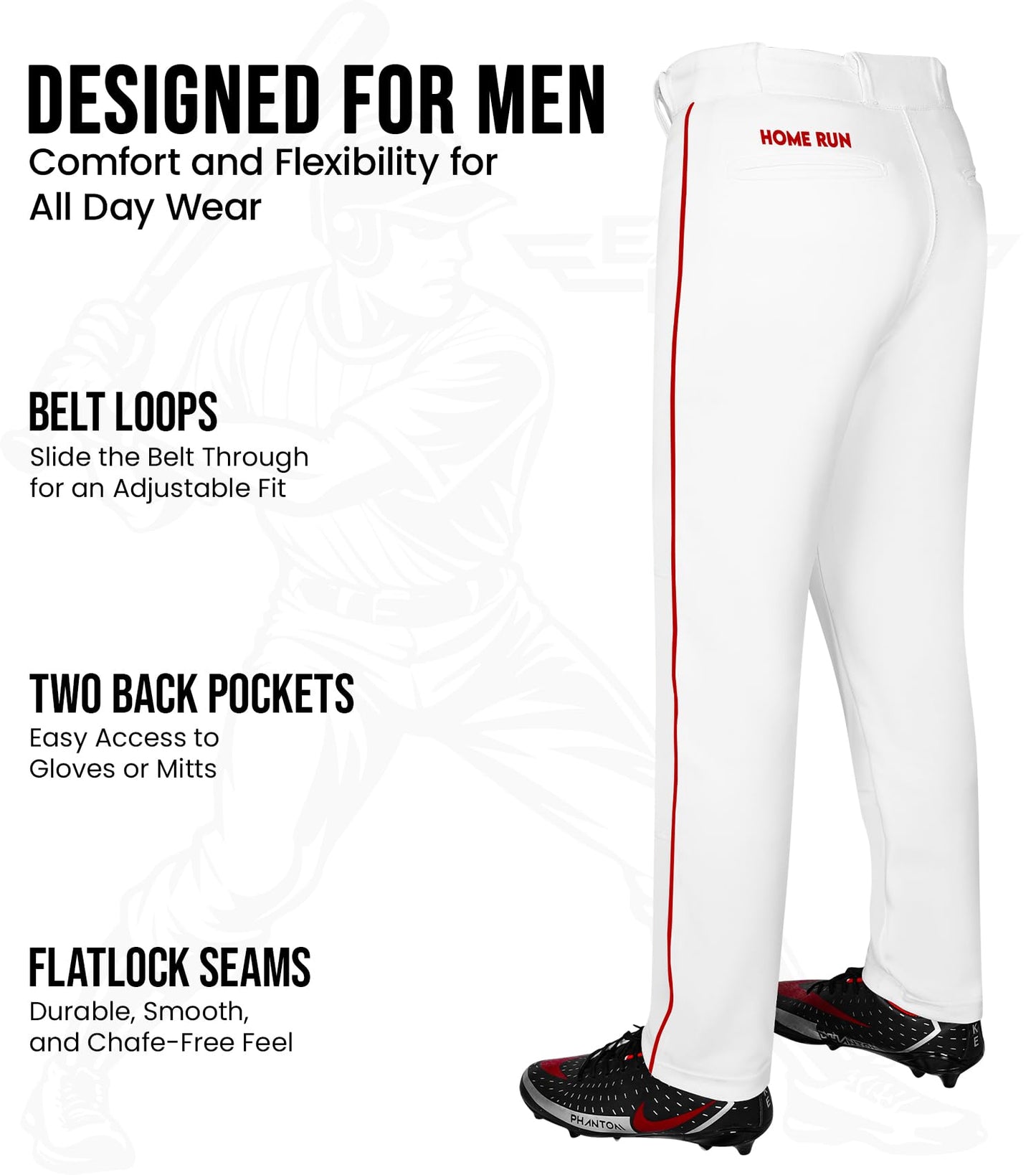 Exxact Sports Home Run Men's Baseball Pants with Piping - Full-Length, Semi-Relaxed Fit, Open-Bottom Adult Baseball Pants - (AM, White/Red Piping)