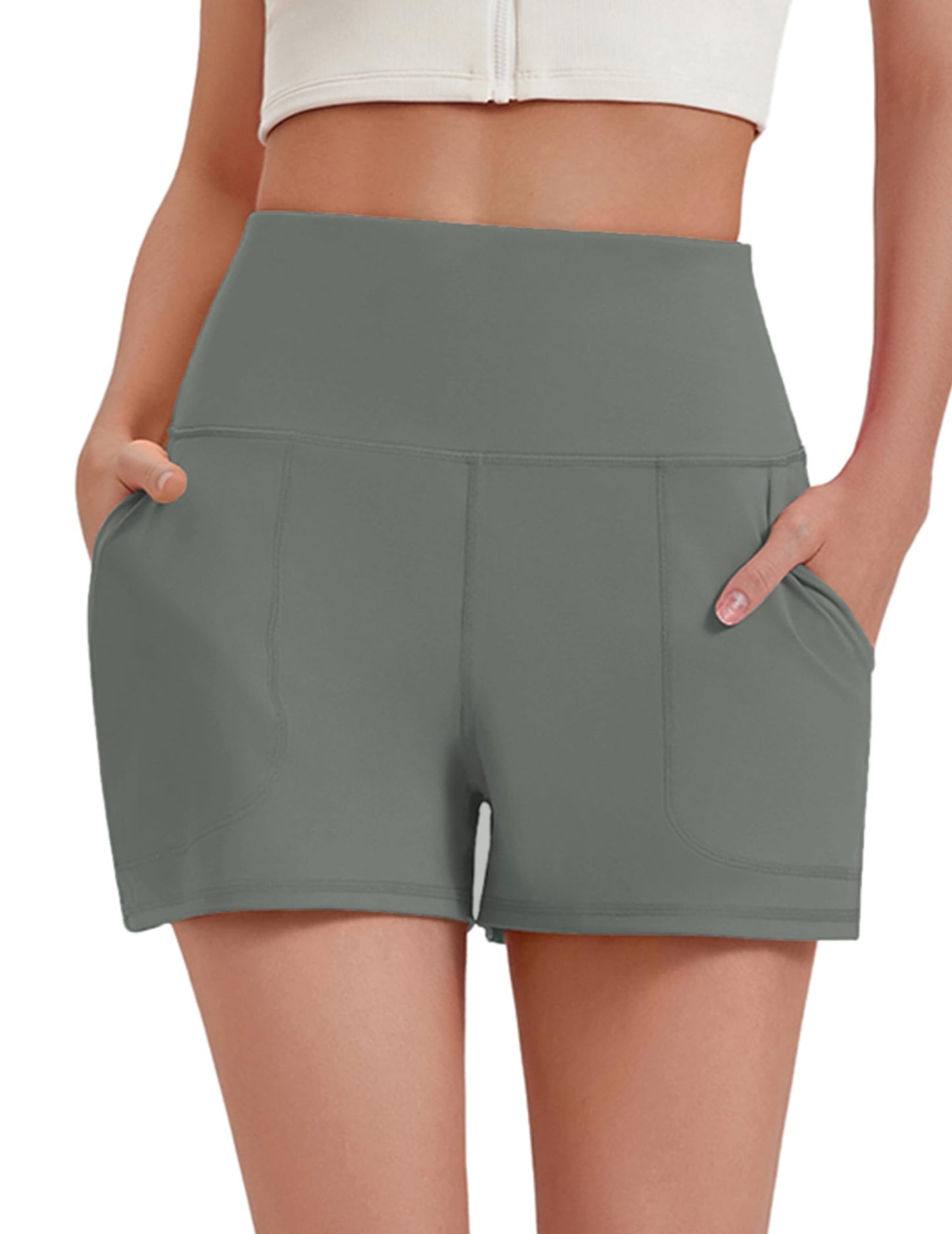 PINSPARK Yoga Shorts for Women High Waist Running Shorts with Pockets Soft Workout Short Mini Wide Leg Active Shorts Sage Gray M