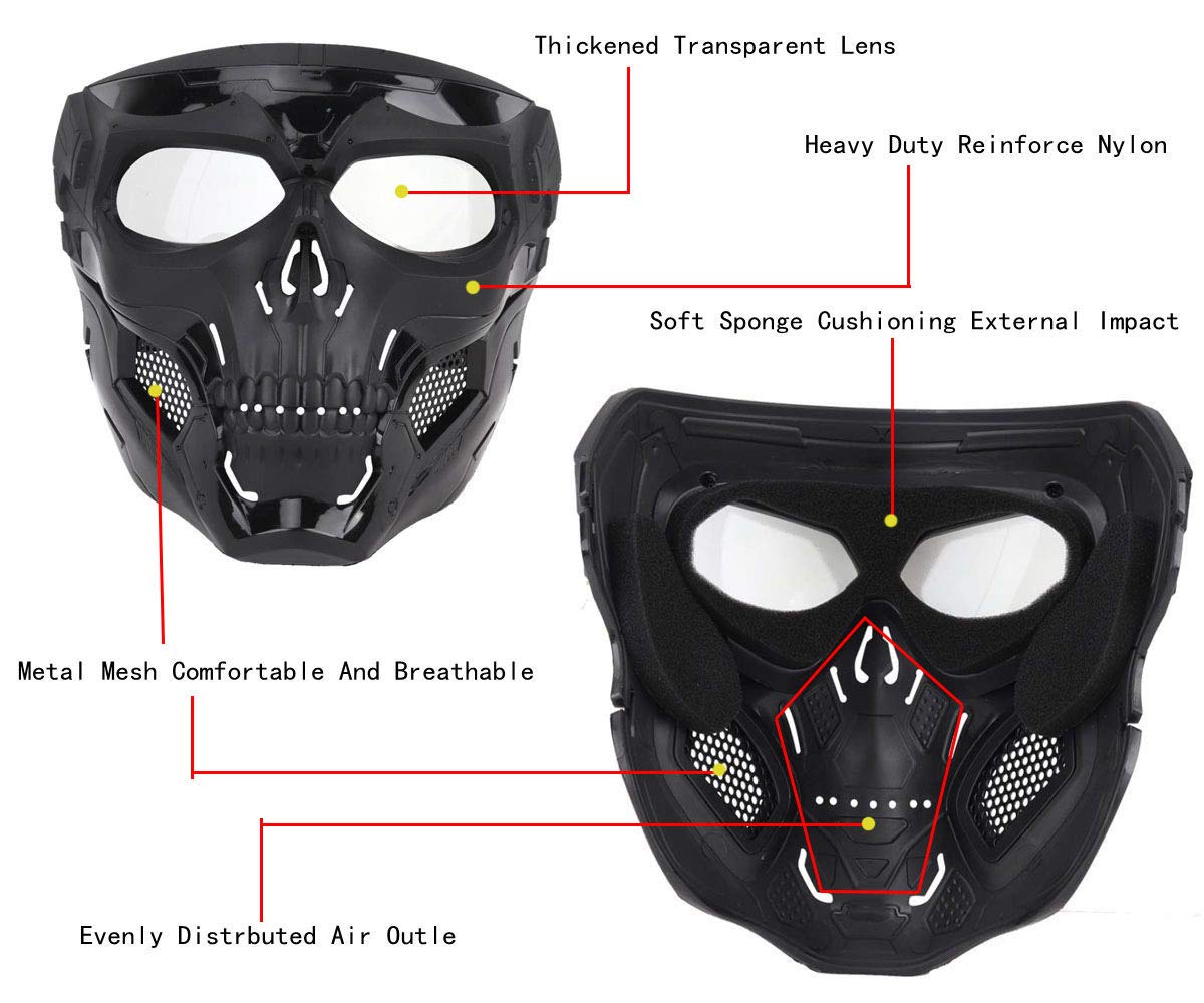 JFFCESTORE Tactical Mask and Fast Helmet,Protective Full Face Clear Goggle Skull mask, Adjustable Chin Strap Large Size for Adult (Mask+Helmet Black)
