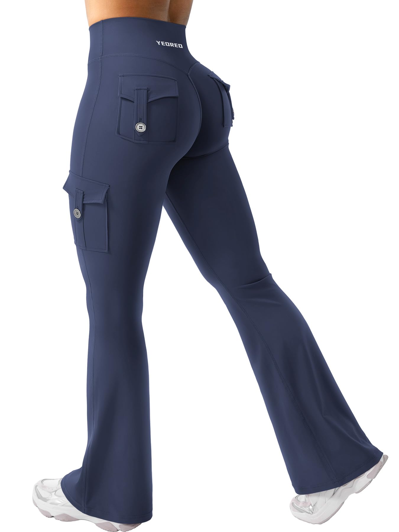 YEOREO CoreFlex Women Workout Flare Leggings with Pockets Hidden Scrunch High Waisted Cargo Gym Yoga Leggings Navy L