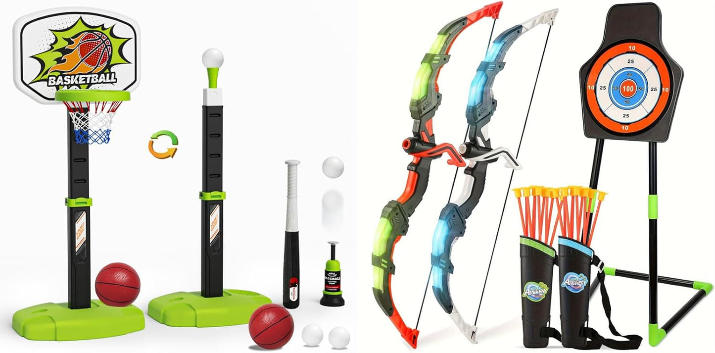 Bow and Arrow Set for Kids - LED Light-Up Archery & Basketball Hoop 2-Pack | 20 Suction Cup Arrows & Baseball Tee