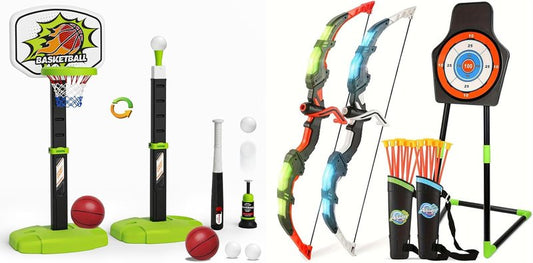 Bow and Arrow Set for Kids - LED Light-Up Archery & Basketball Hoop 2-Pack | 20 Suction Cup Arrows & Baseball Tee