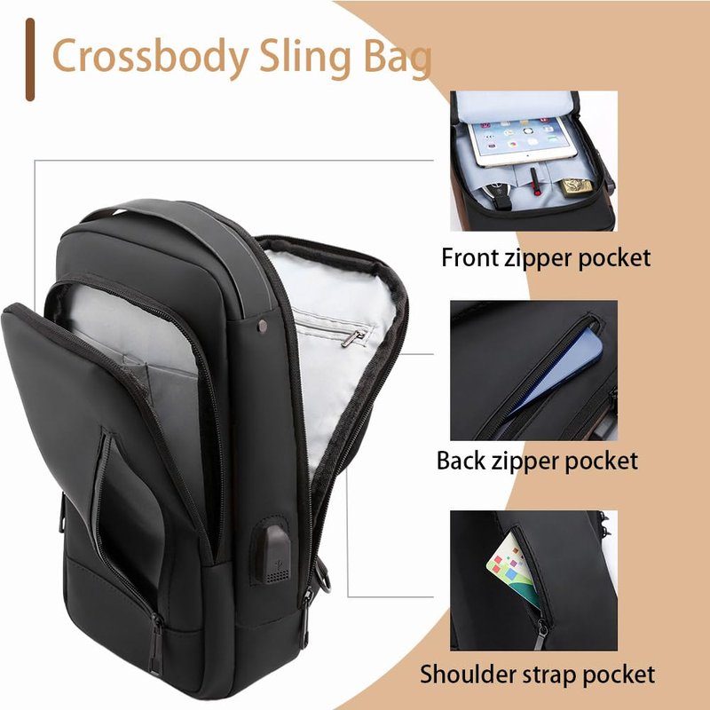 PEAGLOB Sling Bag Mens Crossbody Daypack Nylon Shoulder Bags Anti-theft Chest Bag Backpack For Men Women Hiking Motocycle with USB Charging Hole