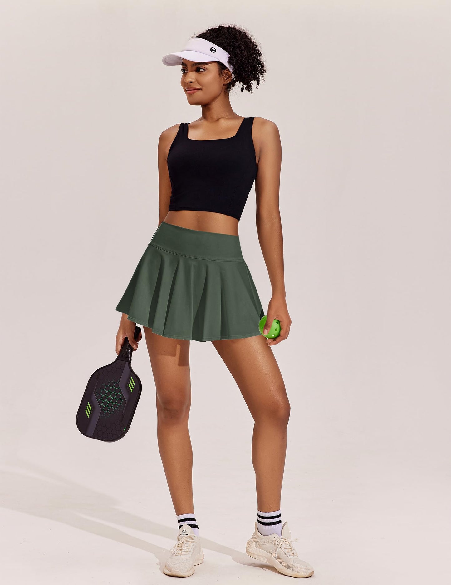 PINSPARK Womens Pleated Tennis Skirt with Shorts High Waisted Athletic Golf Skorts Tummy Control Workout Skirts, Camo Green Small