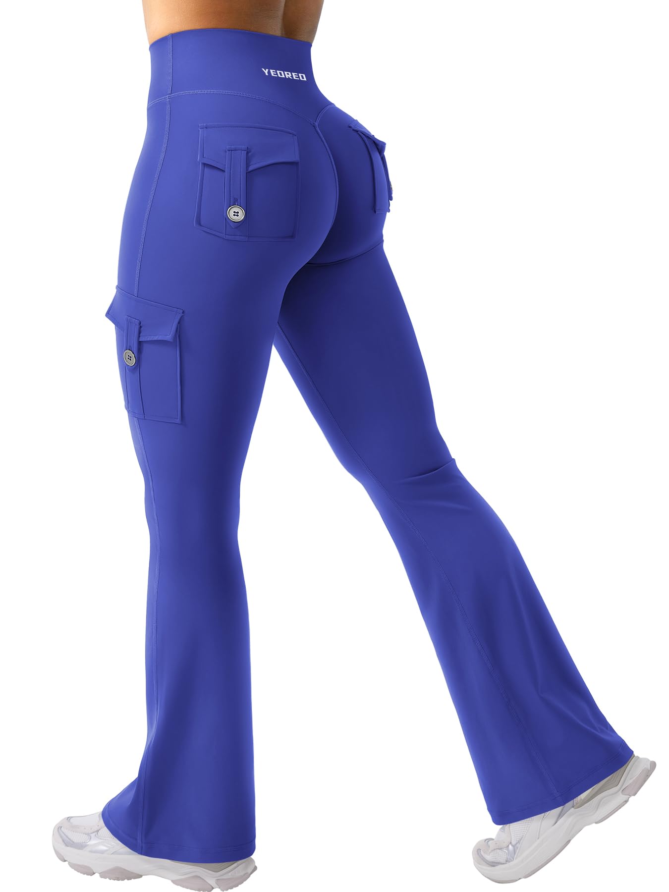 YEOREO CoreFlex Women Workout Flare Leggings with Pockets Hidden Scrunch High Waisted Cargo Gym Yoga No Front Seam Leggings 30" Inseam Dazzling Blue XS