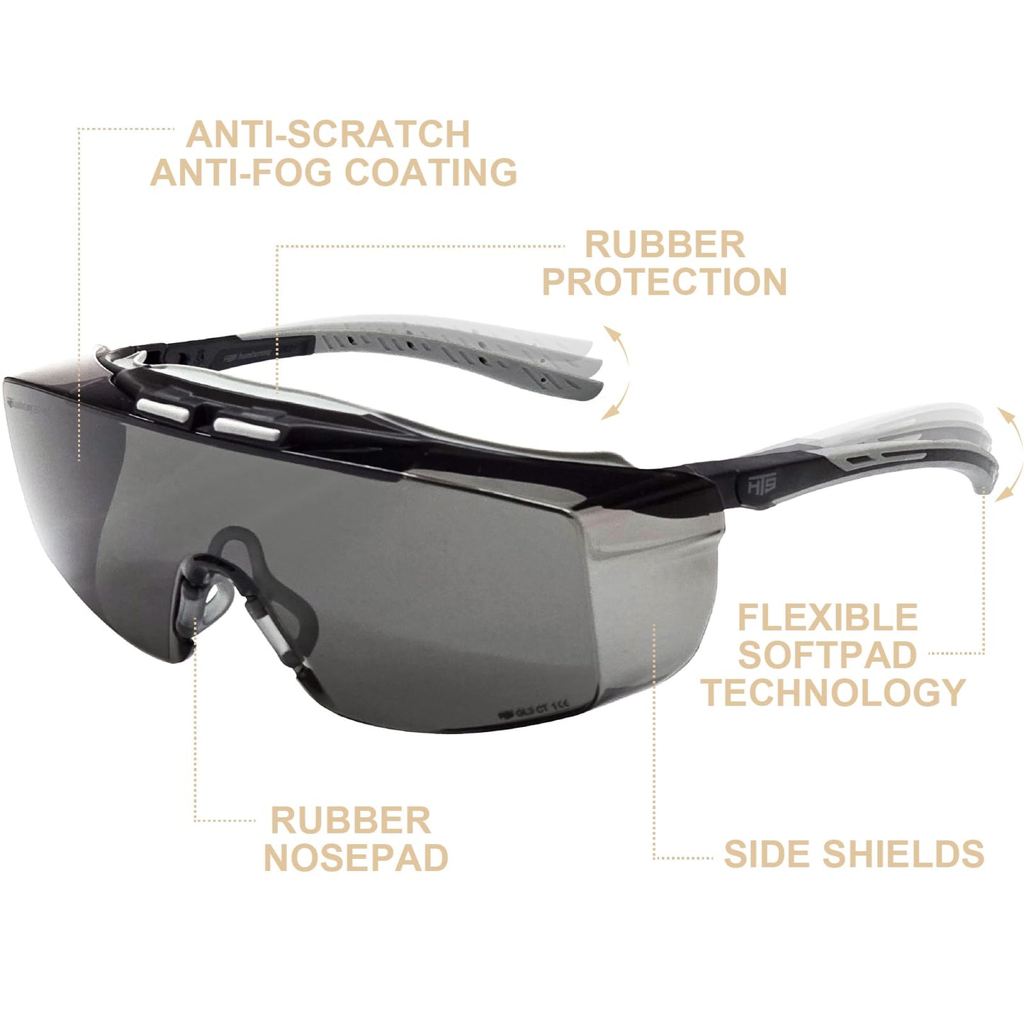 HTS HUNTERSKY 3906 ANSI Z87.1+ Anti Fog Lab Over Eyeglasses Safety Glasses Smoke Tinted Impact Resistant Lens Integrated Side Shields UV Protective OTG Goggles
